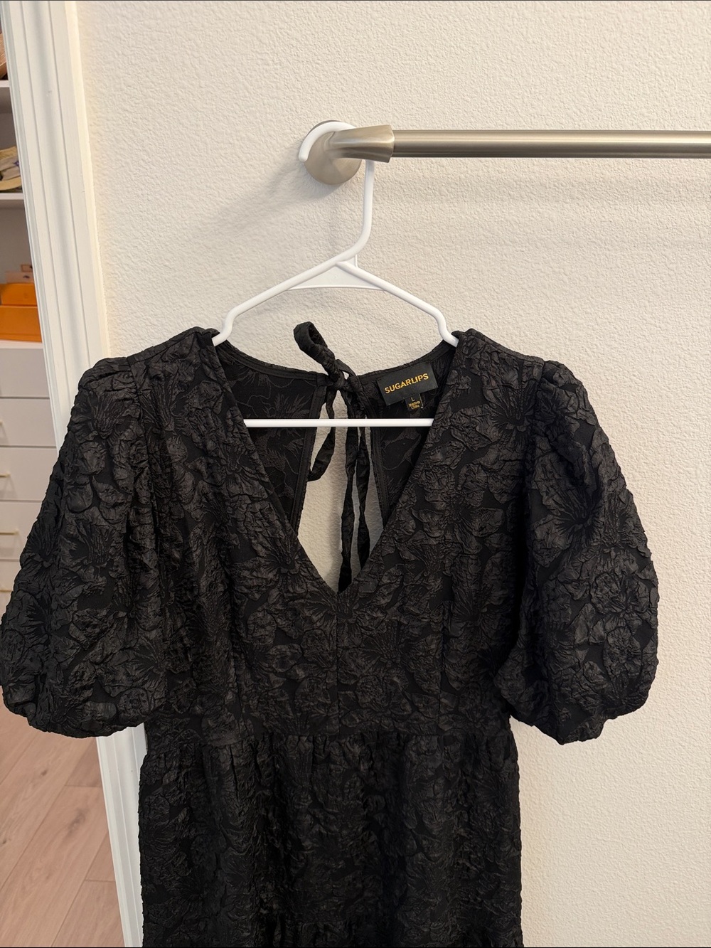 Sugarlips Black Textured Floral Puff Sleeve Dress with V-Neck Tie
